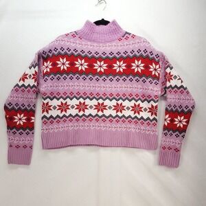 33 Degrees Sweater Womens S Multicolor Floral Snow Patterned Long Sleeve Cropped